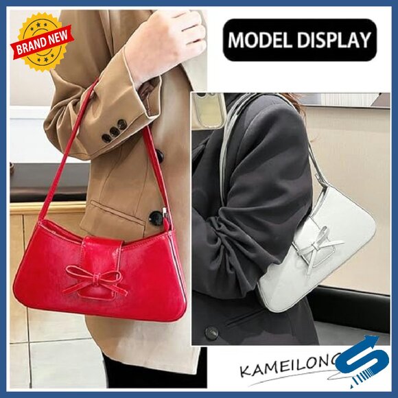 Patent Leather Hobo Shoulder Bag with Bow Detail - Large Capacity Tote